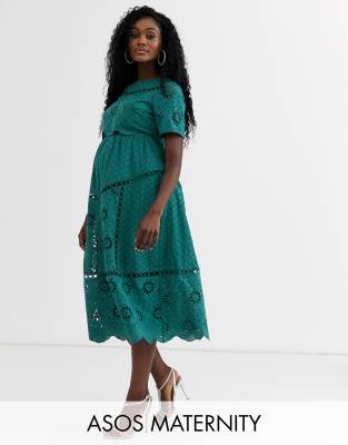 фото Двухслойное платье миди с вышивкой ришелье asos design maternity-зеленый asos maternity