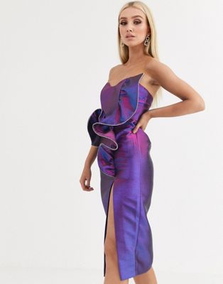 фото Двухцветное премиум-платье миди с оборкой и стразами asos design-фиолетовый