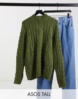 фото Джемпер цвета хаки плотной крупной вязки с короткой молнией asos design tall-зеленый