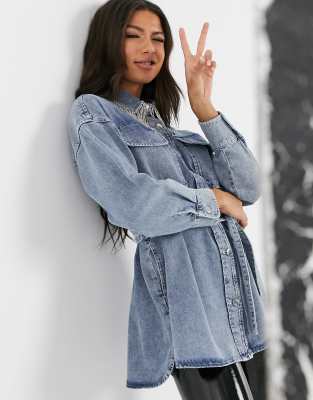 фото Джинсовая oversize-рубашка с бахромой из страз на воротнике asos design-синий