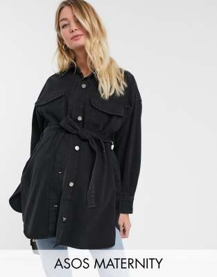 фото Джинсовая oversize-рубашка с поясом asos design maternity-черный asos maternity