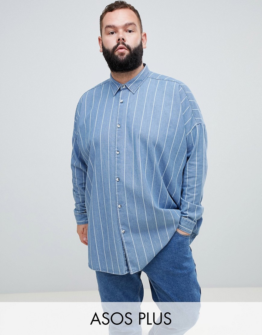 фото Джинсовая рубашка в полоску с заниженной линией плеч asos design plus-синий