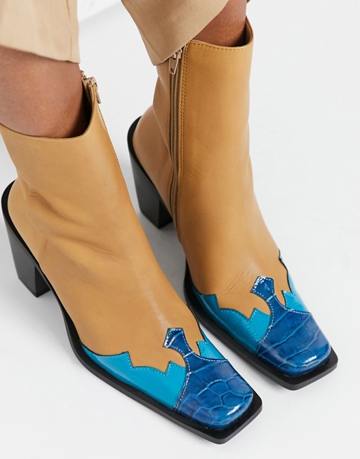 E8 by Miista Elodie contrast toe leather western boots in tan and blue