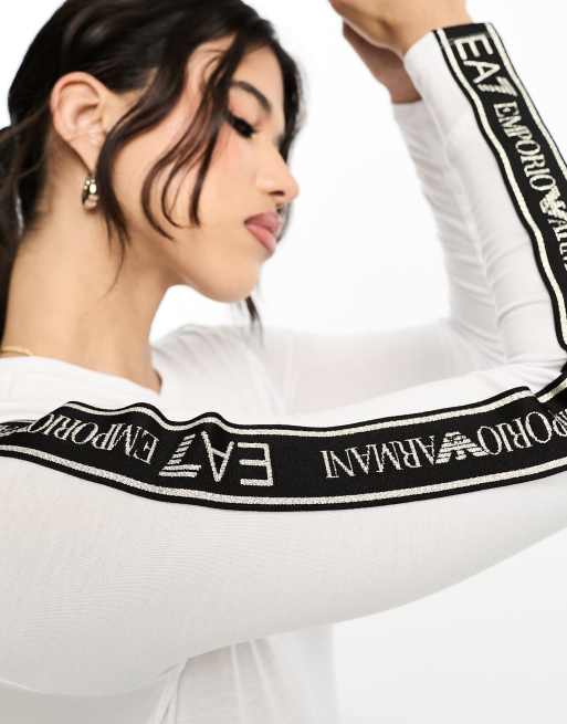 EA7 – Biały T-shirt z długimi rękawami i taśmą z logo, 3 z 4