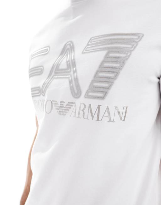 EA7 Emporio Armani - T-shirt avec grand logo argenté sur la poitrine - Blanc, 3 de 4