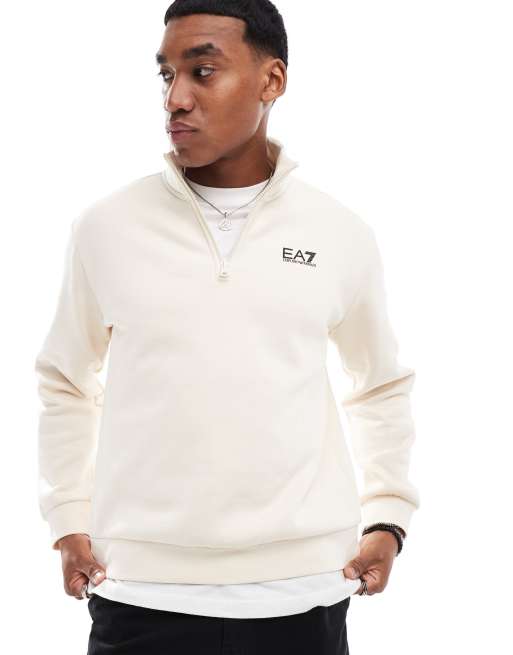 EA7 - Felpa con collo a imbuto con zip corta color pietra con logo sul petto