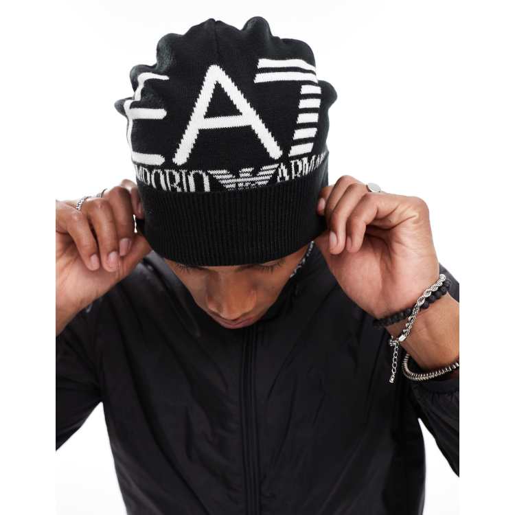 EA7 logo beanie hat in black and white ASOS
