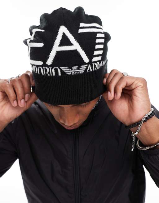 EA7 logo beanie hat in black and white ASOS