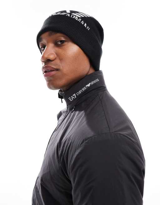 EA7 logo beanie hat in black and white ASOS