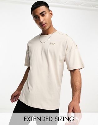EA7 shoulder branded relaxed fit t-shirt in light beige