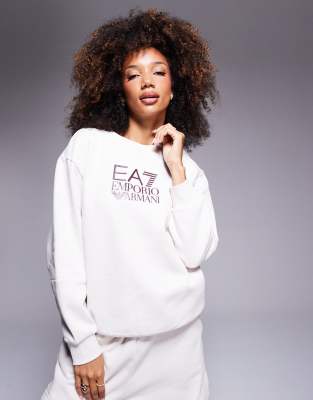 EA7 - Sweatshirt in Creme mit mittigem Logo, Kombiteil-Weiß