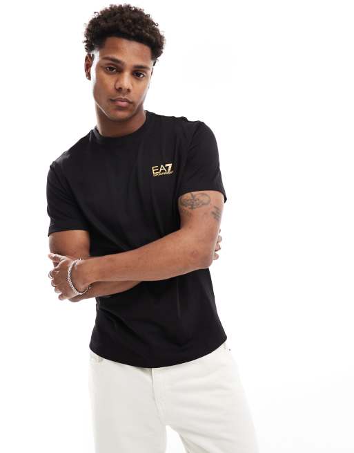 EA7 t shirt in black with gold chest logo