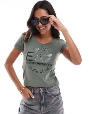 EA7 EA7 t-shirt in green with large front logo in black glitter