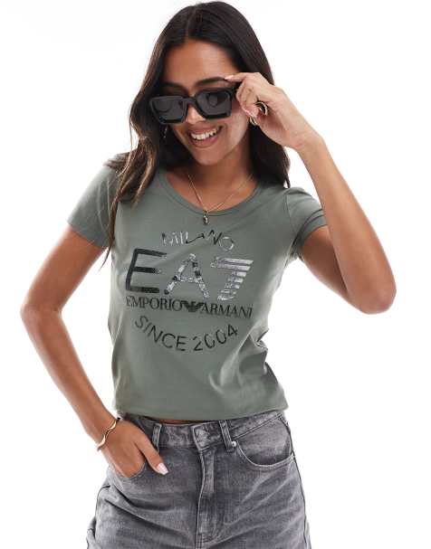 EA7 t-shirt in green with large front logo in black glitter 