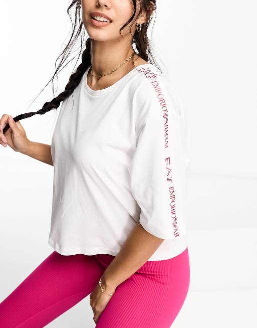 EA7 - T-shirt met bies op de schouder in wit
