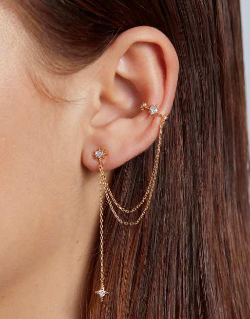 Ear cuff y pendiente chapado en oro con charm de corazón de cristal de With Bling
