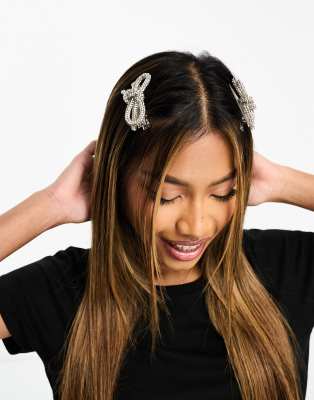 Easilocks - ASOS Exclusive - 2x schleifenförmige Haarspangen in Silber mit Strassbesatz