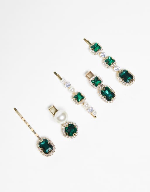 Easilocks - ASOS Exclusive - Set met haarspelden met siersteentjes in groen