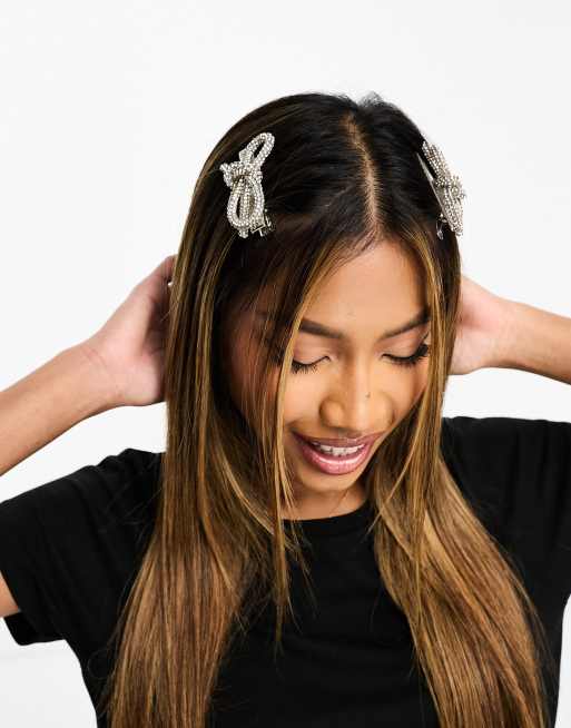 Easilocks – Zestaw 2 srebrnych spinek do włosów w kształcie kokardek zdobionych kryształkami – tylko w ASOS