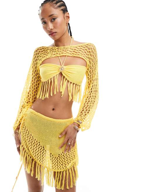 Easy Tiger crochet tasselled bra and shrug in yellow (part of a set)