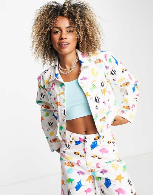Easy Tiger crop denim jacket in rainbow fish denim co ord
