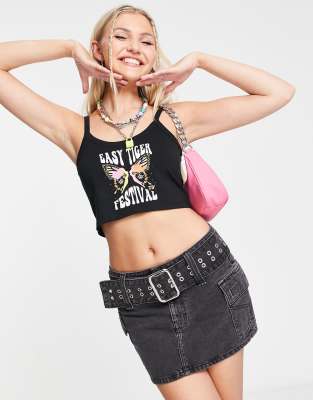 crop tank top with festival butterfly print-Black