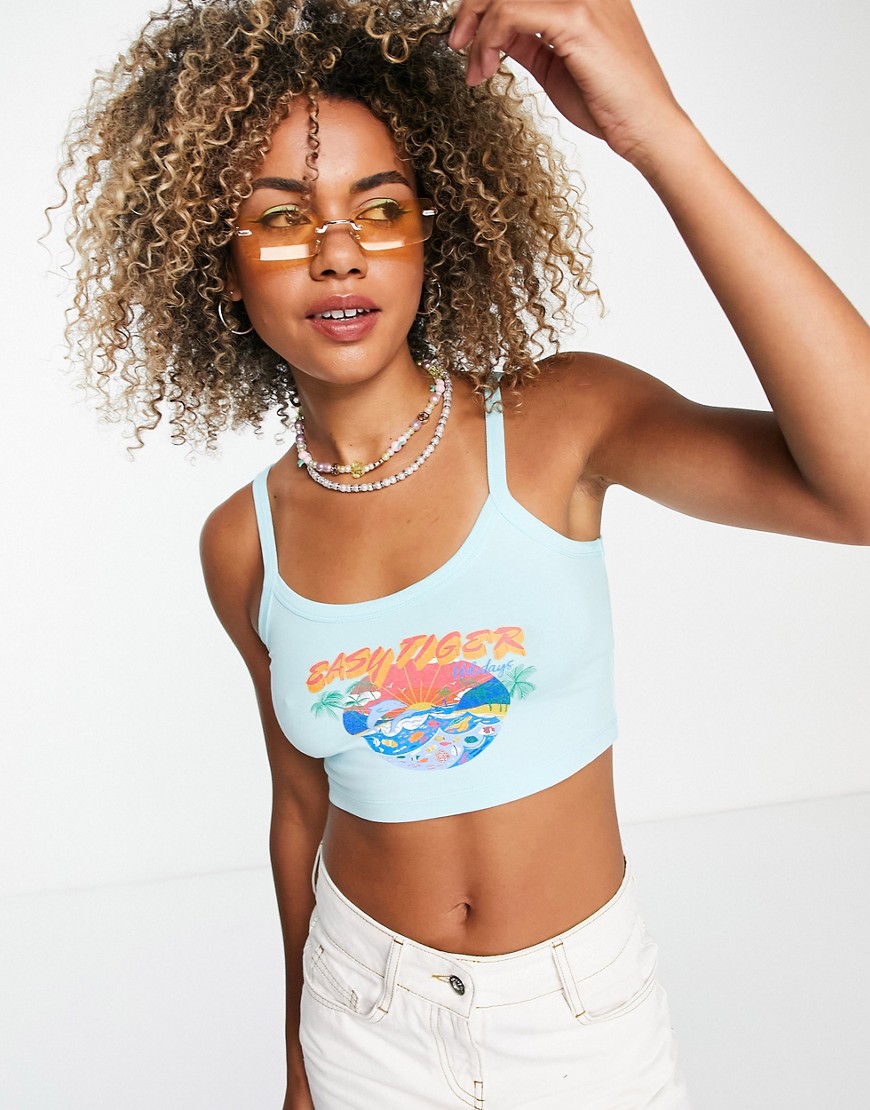 Easy Tiger Crop Tank Top With Retro Beach Print Graphic-blue