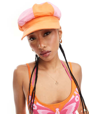 Easy Tiger denim bakerboy hat in pink and orange