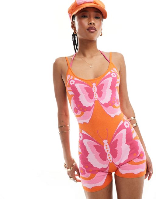 Easy Tiger knitted playsuit in pink and orange