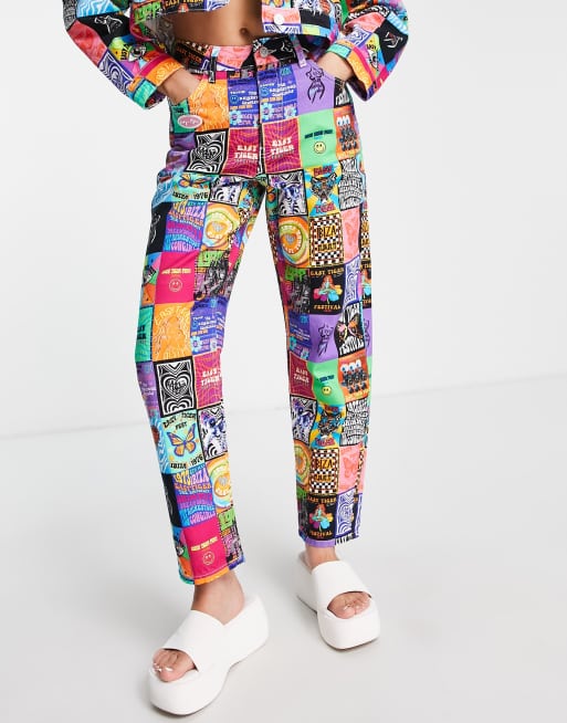 Easy Tiger retro denim boyfriend jeans in mix festival poster print co-ord