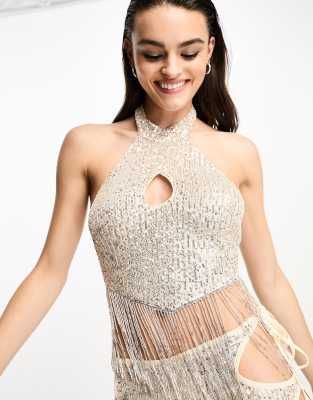 Easy Tiger - Showgirl - Cropped-Top mit Neckholder und Paillettenbesatz, Kombiteil-Silber