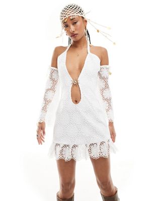 Easy Tiger white lace mini dress with sleeves in white | ASOS