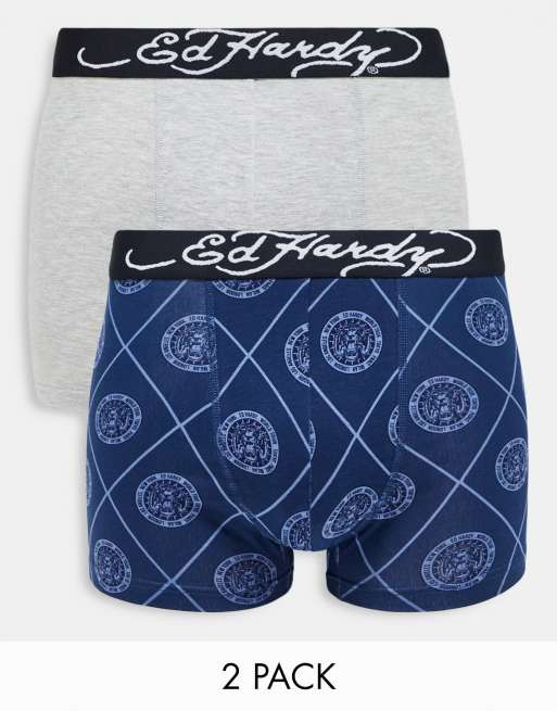 Ed Hardy 2-pack boxers logo jacquard waistband boxers in navy and gray