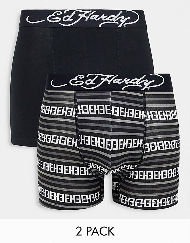 Ed Hardy - 2 pack boxers logo jaquard waistband boxers in black stripes