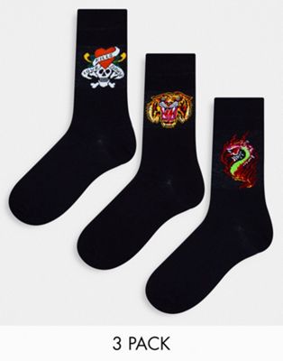 Ed Hardy 3 pack logo dress socks in black and tattoo print