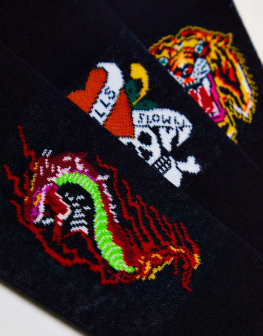 Confezione Da 5 Calzini Uomo Ed Hardy – Teschio Tatuaggio, Taglia 39-46, Neri - 3