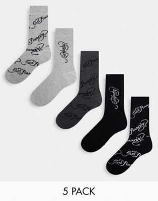 Ed Hardy 5 pack logo dress socks in black and grey
