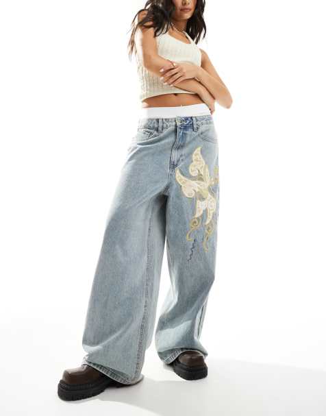 Ed Hardy antique denim baggy jeans with diamante butterfly - view 1