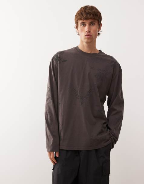 Ed Hardy aop graphic long sleeve t-shirt in charcoal - view 1