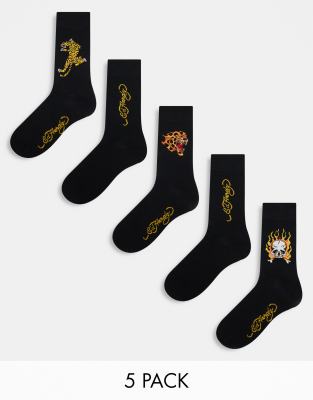  Ed Hardy Arola tattoo graphic 5 pack crew socks in black