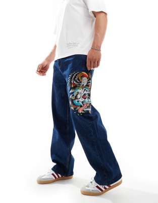 Ed Hardy baggy jeans in indigo with embroidery-Blue