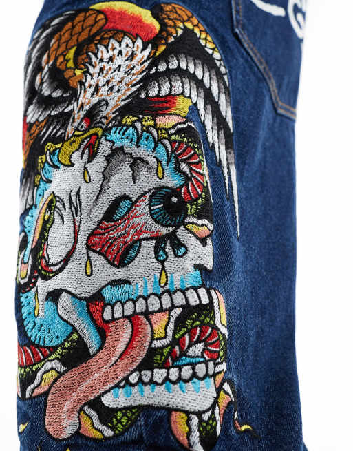 Ed Hardy baggy jeans in indigo with embroidery