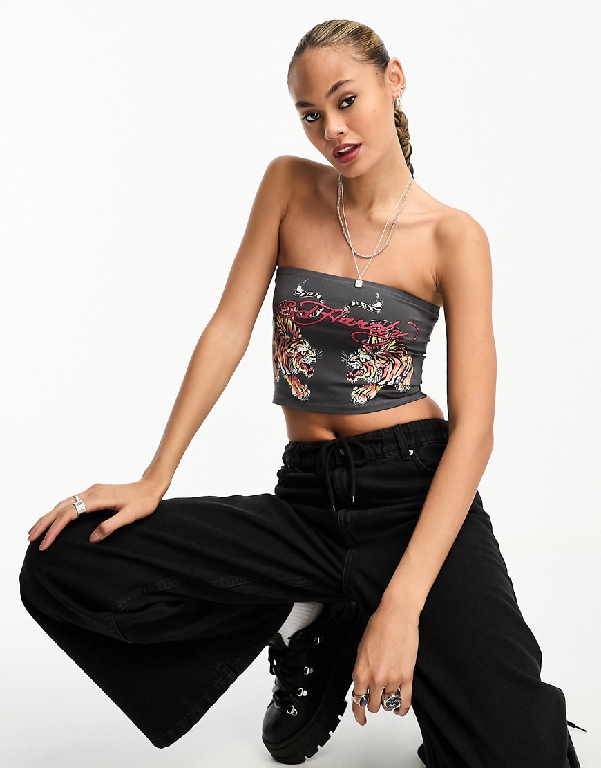 Ed Hardy bandeau crop top with tiger graphics in grey