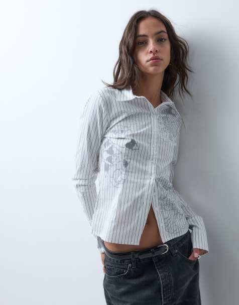 Ed Hardy battle dragon camicia con coulisse a righe sottili bianche - view 1