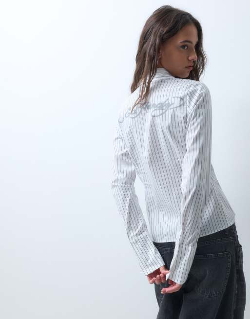Ed Hardy battle dragon cinch shirt in white pinstripe, 4 of 5