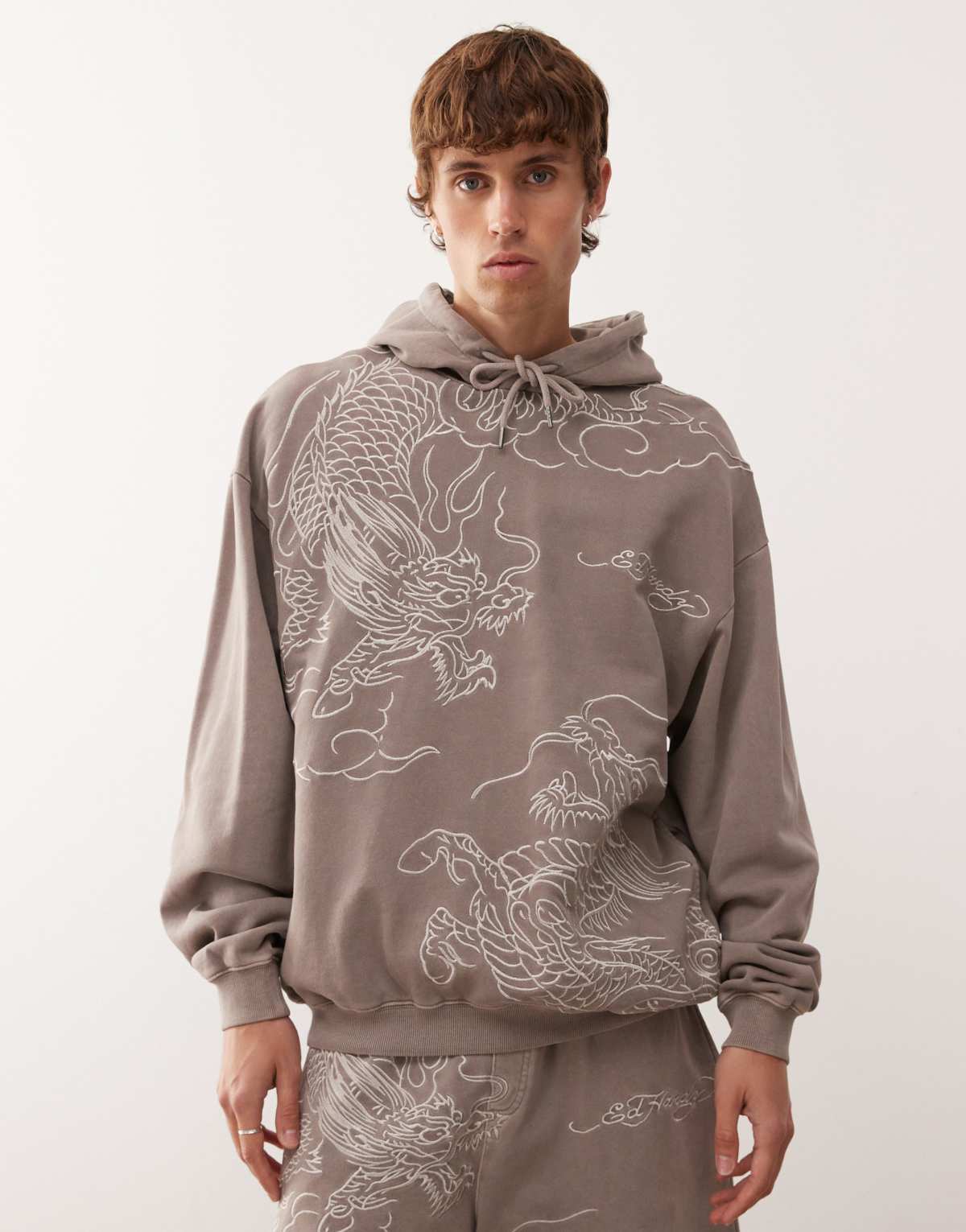 Ed Hardy battle dragon hoodie in brown co-ord