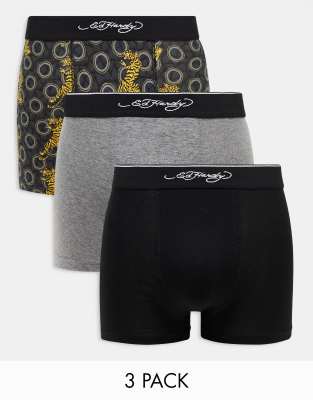 Ed Hardy Ed Hardy Bazire tattoo print 3 pack trunks in black and grey