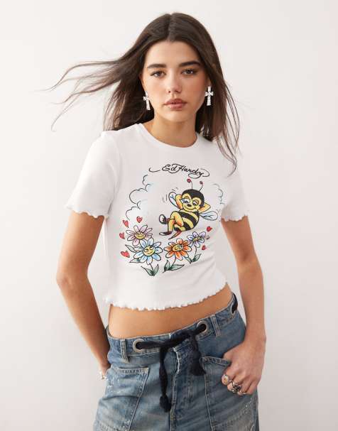 Ed Hardy bee lettuce hem baby t-shirt top in white
