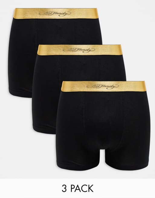 Ed Hardy – Berio – 3er-Pack Unterhosen in Schwarz mit Metallic-Bund