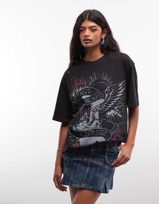 Ed Hardy brave hearts stay true relaxed fit t-shirt in black, 2 of 4